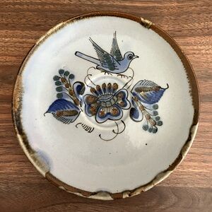 Ken Edwards Mexican Vintage Pottery Plate Tray Signed Blue Bird Flower 6.5"